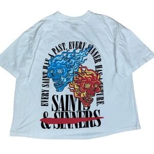 GSTR Mens Saints & Sinners White Double Skull Flames Graphic T Shirt XLarge